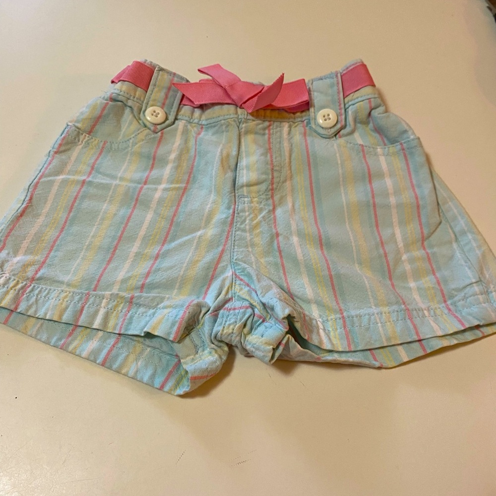 Girls Striped Thin Denim Shorts w/ Pink Ribbon Tie